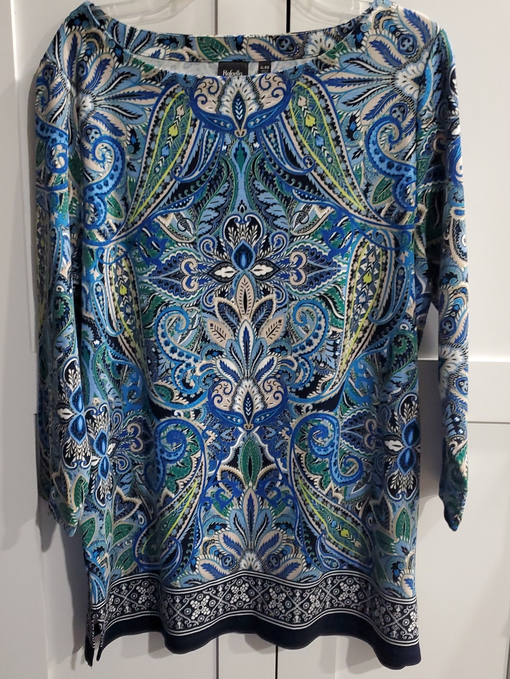 Rafaella Blue and Green Paisley Boatneck Long Sleeve Top
